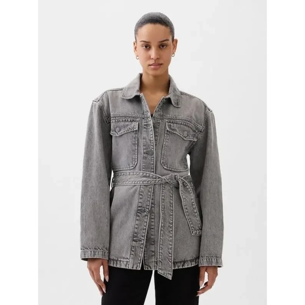 GAP Gray Denim Utility Jacket with Waist Tie